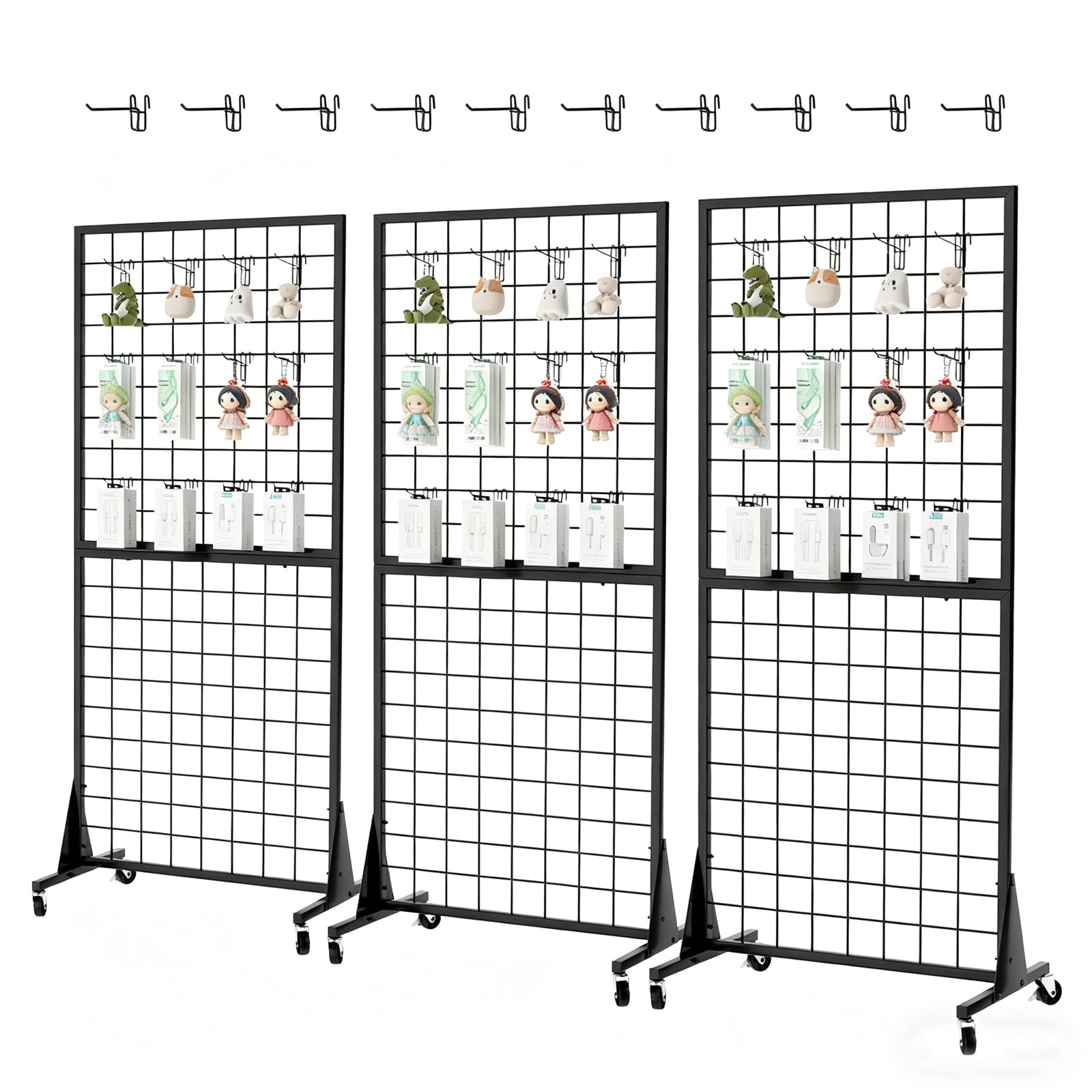 3-Pack 2'x5.5' Ft Gridwall Panel Display Stands Heavy Duty Floor Standing Retail Display Rack with Triangle Base for Retail Art Show with 20 Hooks