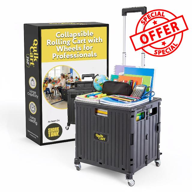 dbest Products Quik Cart 360 Rolling Crate with Wheels - Collapsible Utility Cart for Teachers & Home - Heavy Duty Folding Cart with Seat - 80 lb Capacity - Black