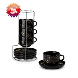 MALACASA 2.5 OZ Porcelain Espresso Cups with Saucers and Metal Stand Set of 4