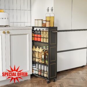 KLM 4 Tier Black Slim Storage Cart with Handle