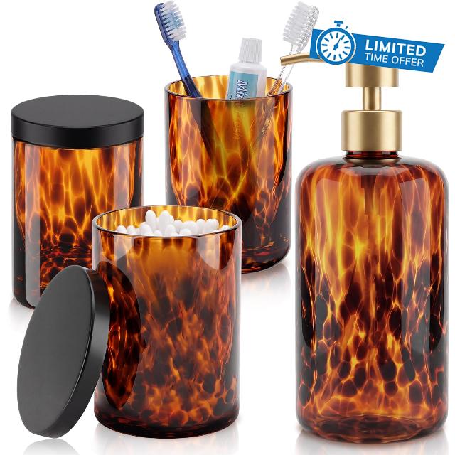 Hushee 4 Pcs Tortoise Shell Bathroom Decor Set Accessories Glass Tortoise Complete Vanity Set with Soap Dispenser Toothbrush Holder with Lid for Rustic Vintage Cotton Swab Bathroom Countertop Deco