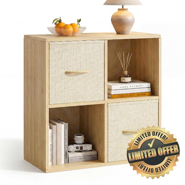 EXPERLAM 4 Cube Storage Organizer - Solid Wood Bookshelf with 2 Storage Bins