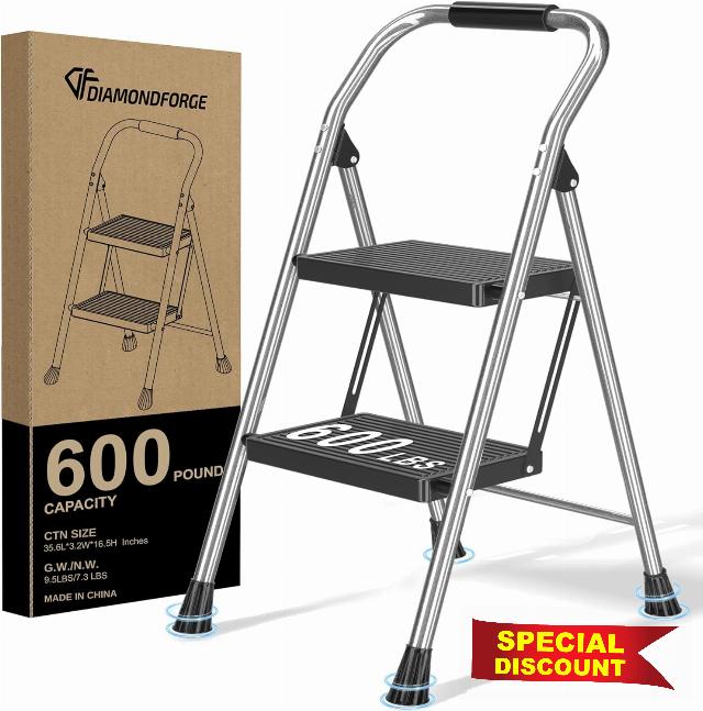 600Lbs Heavy Duty Step Ladder Foldable Folding Stool - for Home Adults Kitchen 2 Stepping Extension Tall with Handrails - Closet Stepstool Stair Ladders Extendable Stepladder for Indoor House
