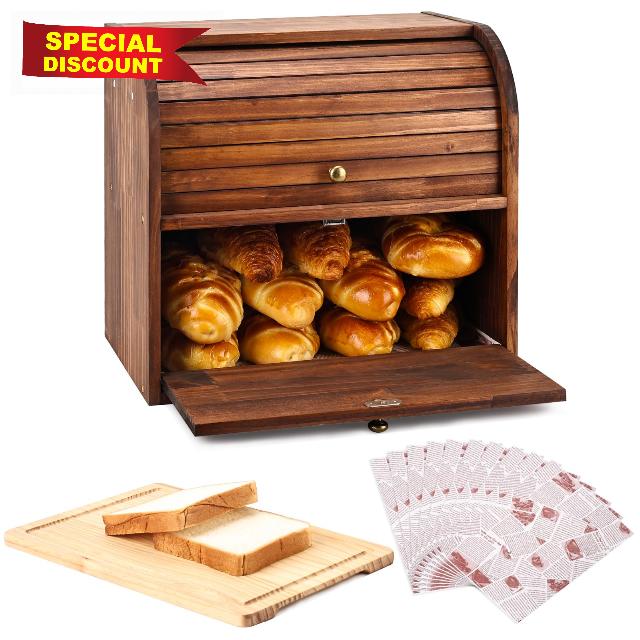 Alpeir Roll Top Bread Box with Cutting Board for Kitchen Countertop