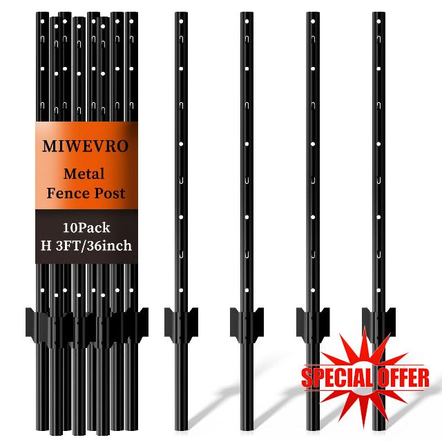 10 Pack Metal Garden Fence Posts 3 FT Black – Heavy Duty U-Post for Wire Fencing