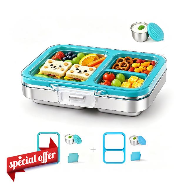 Leak-Resistant 18/8 Stainless Steel Bento Lunch Box Kids 7+ and Adults | 2 Swappable Style Accessories
