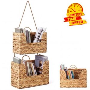 2 Pcs Hanging Magazine Basket 2-Tier Water Hyacinth Woven Hanging Wall Basket Storage Rack Wall Mounted Magazines Organizer for Mail Files Books Farmhouse Home Office Bathroom