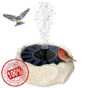 Solar Fountain for Bird Bath with Solar Panel Upgraded Faux Granite Rock Water Pump with 6 Nozzles for Birdbath Outdoor Garden Pond Pool Fish Tank Attracts Birds Energy-Efficient Backyard Decor Beige