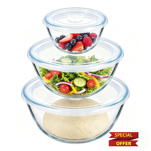 E-far Glass Mixing Bowls with Airtight Lids Set for Cooking Prep Serving | Thick Glass Salad Bowls