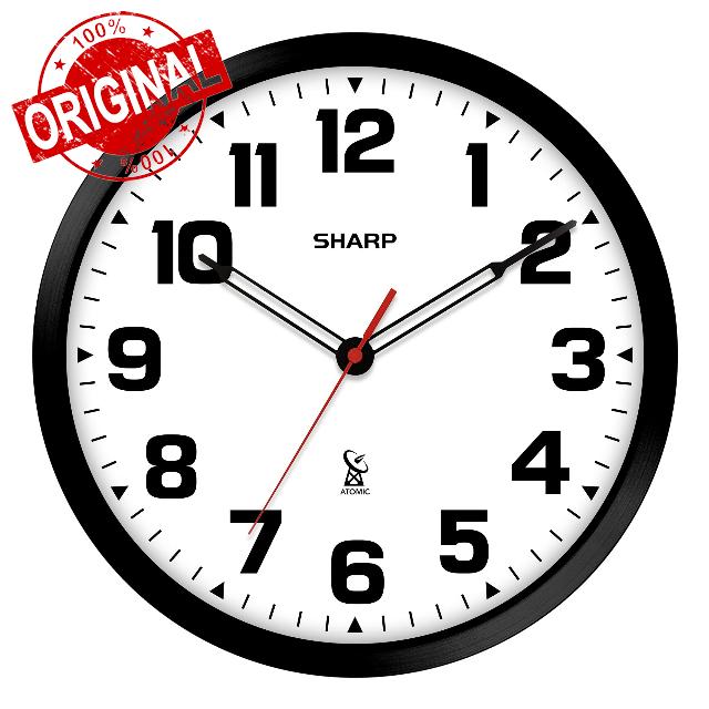 Sharp Atomic Analog Wall Clock - 12" Black Stylish Frame - Sets Automatically- Battery Operated - Easy to Read - Easy to Use – Modern Design and Style