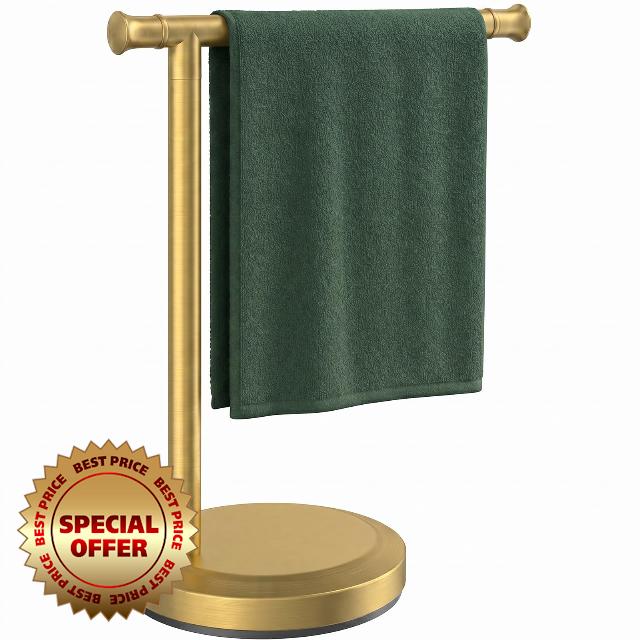 Hoimpro 13" Brushed Gold Stand Hand Towel Holder Bathroom Kitchen Countertop Towel Rack Towel Bar Ring Free Standing Counter T Bath Accessories Freestanding Vanity Sink Hardware Stainless Steel