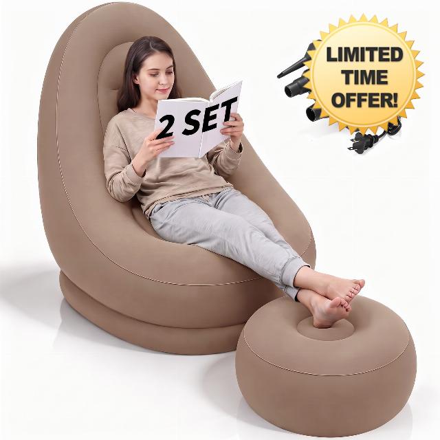 2 Sets Inflatable Bean Bag Chairs Set with Ottoman Electric Pump Folding Blow up Lazy Sofa Loungers Chair with Footstool Couch for Movie Night Film Marathon Gaming Camping (Coffee)