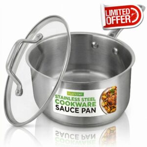 NutriChef 2 Quart Stainless Steel Saucepan with Lid - Heavy Duty Pot with Ergonomic Handles