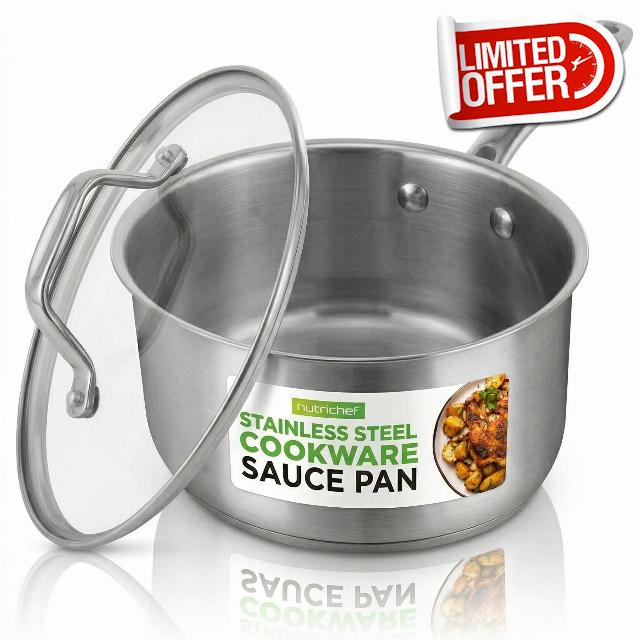 NutriChef 2 Quart Stainless Steel Saucepan with Lid - Heavy Duty Pot with Ergonomic Handles