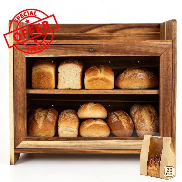 Bread Box for Kitchen Countertop Acacia Wood Bread Bin with 20Pcs Bread Bag | Natural Acacia Wood