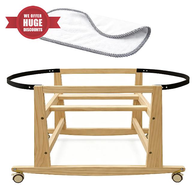 Wooden Bassinet Stand with Foldable Wheels and Change Mat
