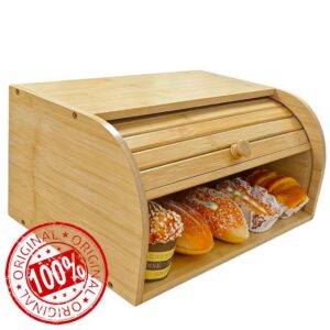 Natural Bamboo Roll Top Bread Box for Kitchen Countertop