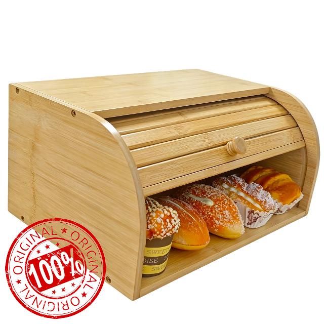 Natural Bamboo Roll Top Bread Box for Kitchen Countertop
