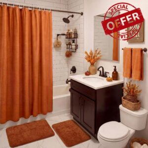 Frienda 5 Pcs Fall Bathroom Decor Rust Orange Fall Shower Curtain Set with Rugs and Hand Towels Autumn Bathroom Set with Hooks Non Slip Microfiber Bath Mats for Thanksgiving Home Apartment Dorm