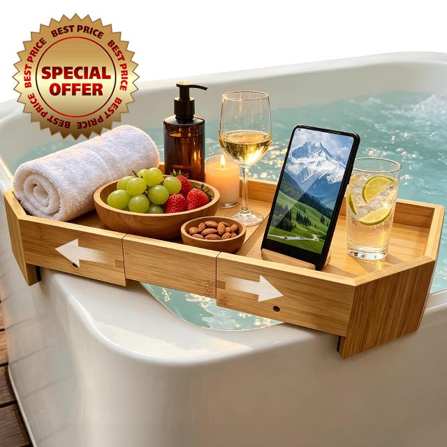 Bamboo Hot Tub Tray with Extendable Length & 360° Phone Holder