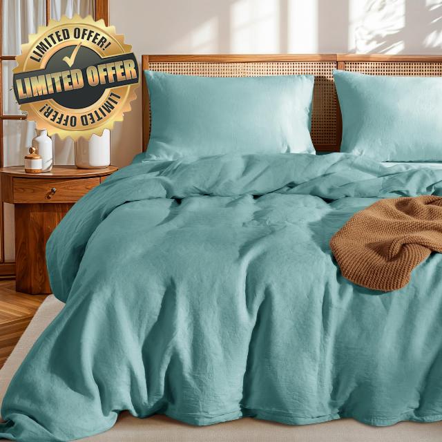 LBRO2M 100% France Linen Duvet Cover Set 3 Pcs Natural Flax Duvet Cover Set 2 Pillowcase 1 Duvet Cover with Zipper (Aqua Full)