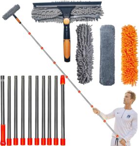 20 ft+ Reach Squeegee Window Cleaner Duster 2 in 1 Rotatable Window Cleaning Tool Kit with 3-14 ft Extension Pole
