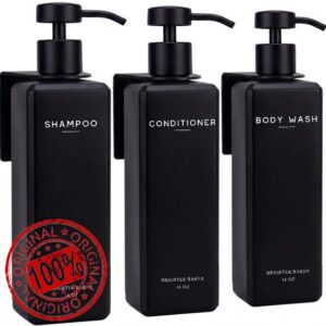 Black Shampoo and Conditioner Dispenser Set Wall Mounted by Brighter Barns - Shampoo Conditioner Body Wash Dispensers - No Drill Shower Soap Bottles for Hotel