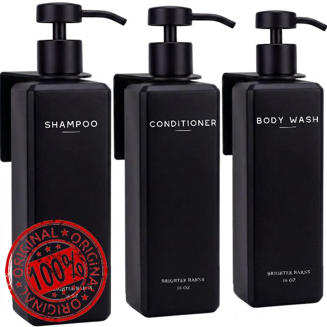 Black Shampoo and Conditioner Dispenser Set Wall Mounted by Brighter Barns - Shampoo Conditioner Body Wash Dispensers - No Drill Shower Soap Bottles for Hotel