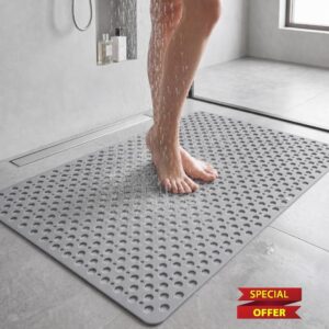 Extra Large Shower Mat for Inside Shower 47 x 32 Inch Non Slip Quick Drain TPE Bath Mat with Drain Holes and Suction Cups