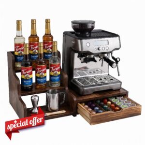 Wood Coffee Bar Organizer Station with Syrup Rack and Capsule Drawer