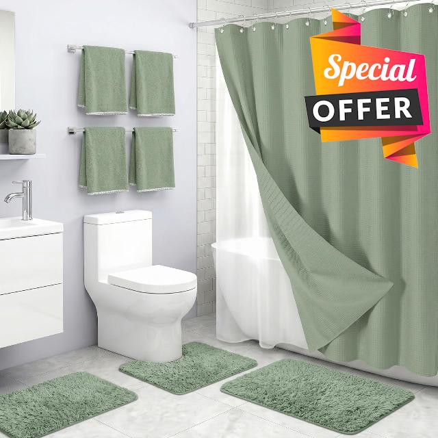 Britimes 8 Pcs Sage Green Bathroom Sets with Shower Curtain and Rugs