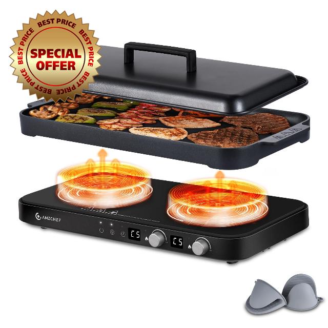 AMZCHEF Double Induction Cooktop with Removable Griddle Pan Non-stick