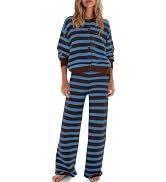 ReachMe Womens Oversized Striped 2 Piece Sets Button Up Cardigan and Wide Leg Pants with Pockets ...