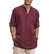 COOFANDY Men's Linen Henley Shirts Long Sleeve Collarless T-Shirts Longline Kurta Beach Shirts wi...