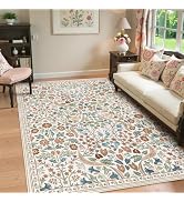 Lahome Floral 5x7 Living Room Rugs, Green Machine Washable Area Rugs for Bedroom Rubber Backed, B...