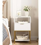 AEPOALUA Nightstand with Charging Station,Bedside Table with Drawer and 2 Shelf Storage, Small Si...