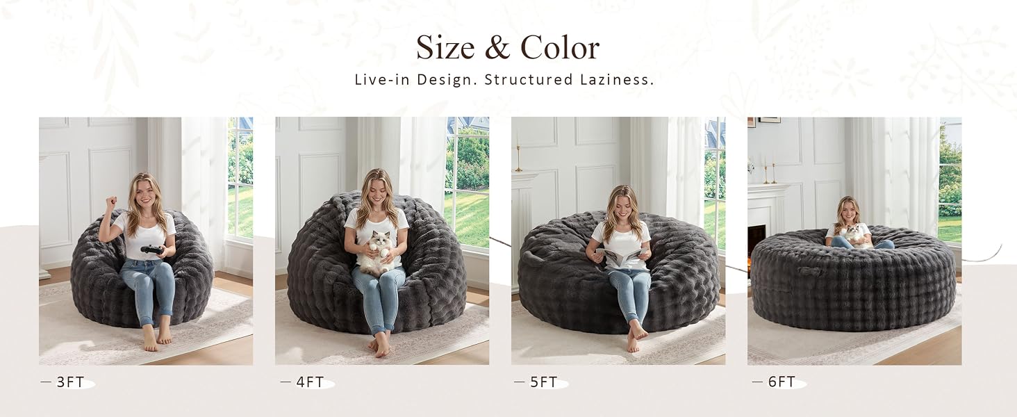 A girl demonstrates the four sizes of beanbag chairs