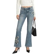 Straight Leg Jeans for Women Mid Rise Flare Bell Bottom Jeans Stretchy Floral Embroidery Bootcut ...