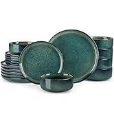 vancasso Starry Plates and Bowls Sets,12 Pieces Green Dinnerware Sets for Kitchen,Modern Stonewar...