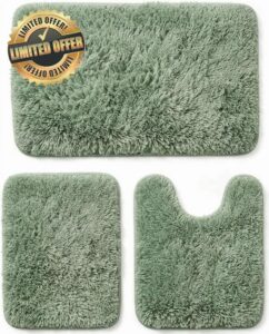 Britimes Green 3 Piece Bathroom Rugs Fluffy Microfiber Non-Slip Bathroom Mat with U-Shaped Contour Toilet Mat Water Soft Absorbent Bath Floor Rug Washable for Tub Showers Laundry Room