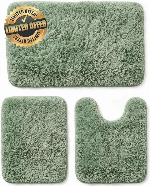 Britimes Green 3 Piece Bathroom Rugs Fluffy Microfiber Non-Slip Bathroom Mat with U-Shaped Contour Toilet Mat Water Soft Absorbent Bath Floor Rug Washable for Tub Showers Laundry Room