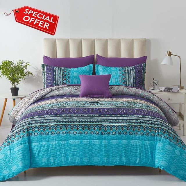 Cottolester Boho Comforter Set Full Size 8 Piece Bed in a Bag Bohemian Striped Bedding Quilt Set Aqua Paisley Floral Comforter and Sheet Set