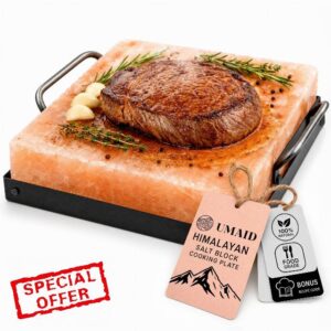 UMAID Himalayan Salt Block Cooking Plate 8x8x1.5 – Food Grade Pink Himalayan Salt Stone for Cooking