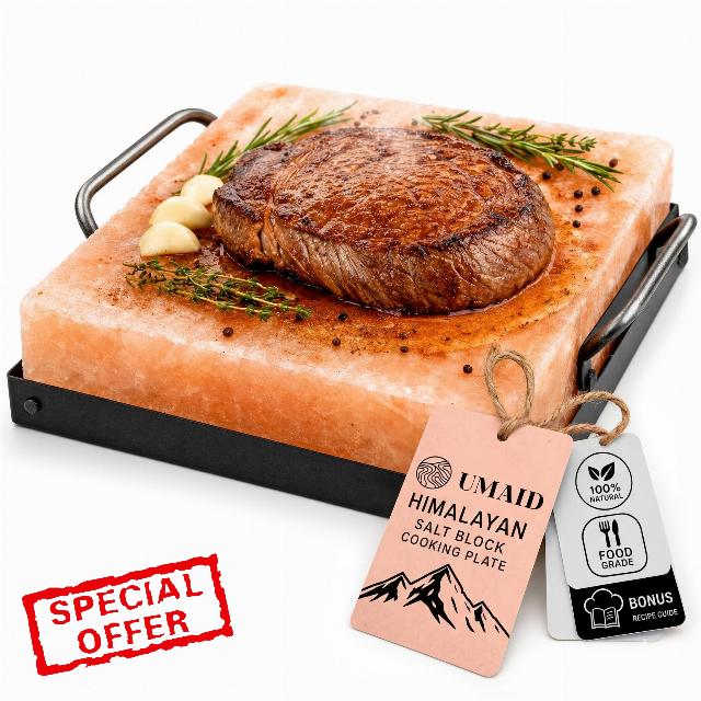UMAID Himalayan Salt Block Cooking Plate 8x8x1.5 – Food Grade Pink Himalayan Salt Stone for Cooking
