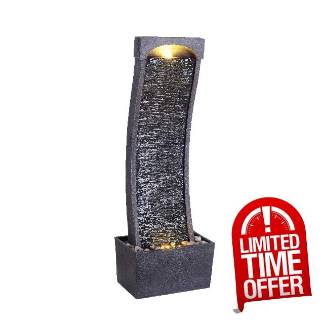 Teamson Home 38.58 in. Modern Curved Faux Slate Waterfall Fountain for Indoors or Outdoors with LED Light Accents and 1.98-Gallon Pump