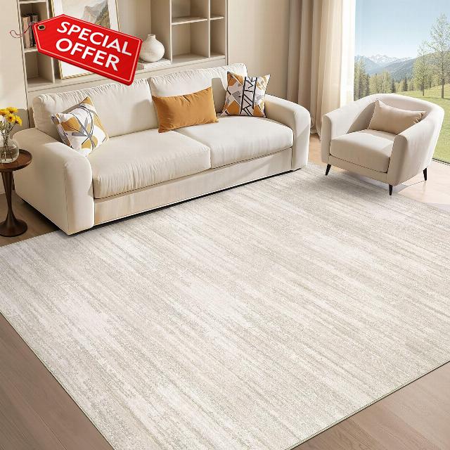 Area Rug Living Room - 5X7 Abstract Washable Large Soft Foldable Non Slip Rug Neutral Modern Low Pile Carpet for Bedroom Nursery Dining Room Kitchen Home Office Indoor - Beige