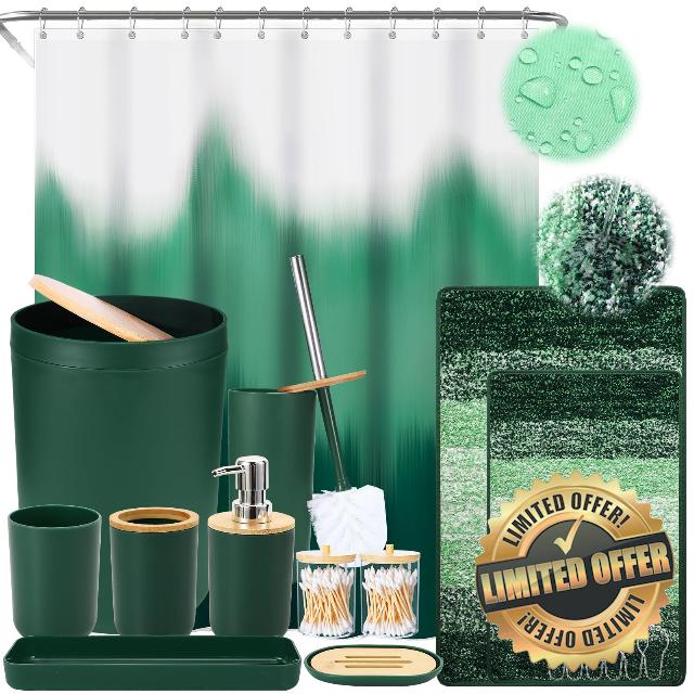 iMucci Bathroom Accessories Dark Green Bathroom Sets with Shower Curtain and Rug