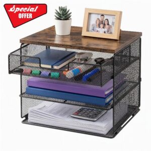 4-Tier Mesh Desk Organizer and Accessories with Drawer Wooden Top Desktop Organizers Letter Tray Paper Organizer File Holder for Home Office School Black