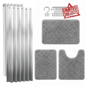 Britimes Grey Chenille Bathroom Sets with Shower Curtain and Rugs