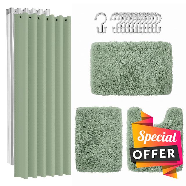 Britimes Sage Green Bathroom Sets with Shower Curtain and Rugs